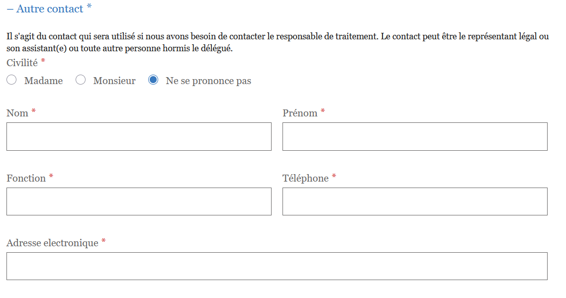 Formulaire CNIL, saisie du contact au sein de l'organisme désignant